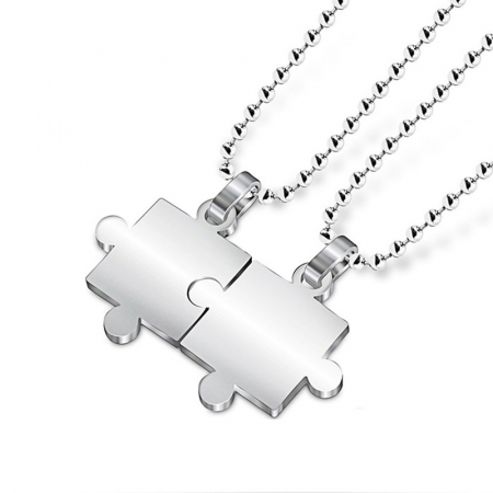 Bijuterii dama - Set de doua lantisoare pentru cuplu, prieteni in forma de piese de puzzle, otel inoxidabil, argintiu