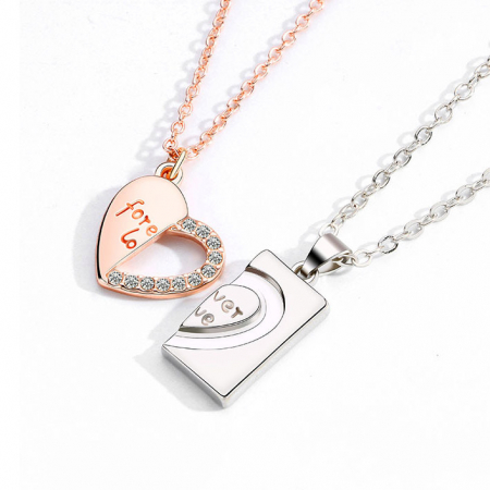 Bijuterii dama - Set de doua lantisoare pentru cupluri, indragostiti cu pandantiv inima "Love forever", pietre zirconiu, rose gold si argintiu