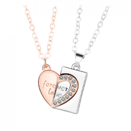 Set de doua lantisoare pentru cupluri, indragostiti cu pandantiv inima "Love forever", pietre zirconiu, rose gold si argintiu [1]