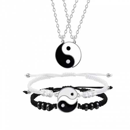 Bijuterii dama - Set de doua lantisoare si doua bratari reglabile model Tai Chi Yin si Yang pentru cuplu, prieteni, BFF, 4 piese, Tessero, negru si alb