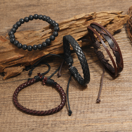 Bijuterii barbati - Set de patru bratari din piele naturala, lucrate manual, marime reglabila pe snur, negru, Tessero