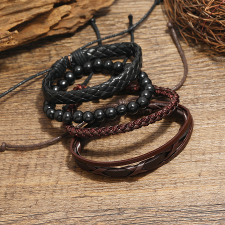 Set de patru bratari din piele naturala, lucrate manual, marime reglabila pe snur, negru, Tessero [2]