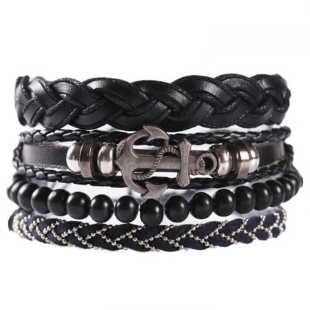 Bijuterii barbati - Set de patru bratari din piele naturala, model cu ancora, lucrata manual, marime reglabila, Tessero, negru
