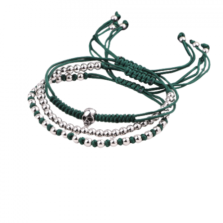 Bijuterii barbati - Set de trei bratari cu cap de mort si bilute din otel inoxidabil, tip macrame, marime reglabila pe snur, lucrata manual, verde si argintiu