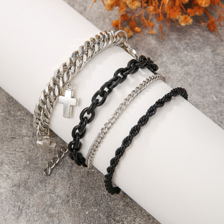 Set de trei bratari din otel inoxidabil, model cu cruce, cuban chain, rope, Tessero, argintiu si negru [3]