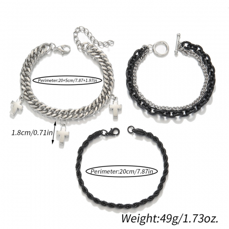 Set de trei bratari din otel inoxidabil, model cu cruce, cuban chain, rope, Tessero, argintiu si negru [2]