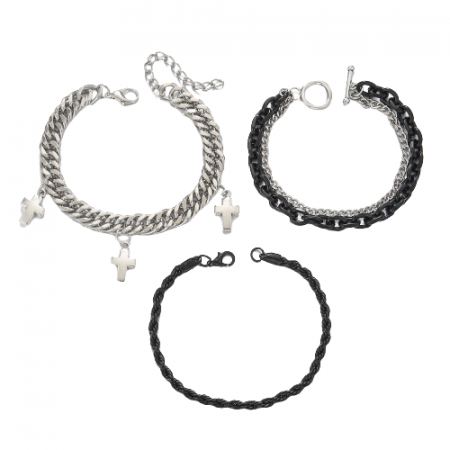 Bijuterii barbati - Set de trei bratari din otel inoxidabil, model cu cruce, cuban chain, rope, Tessero, argintiu si negru