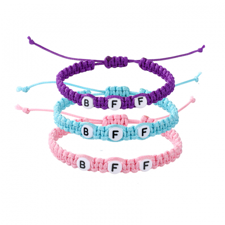 Bijuterii dama - Set de trei bratari impletite, tip snur pentru prieteni, lucrata manual, model cu BFF, marime reglabila, mov, turcoaz si roz