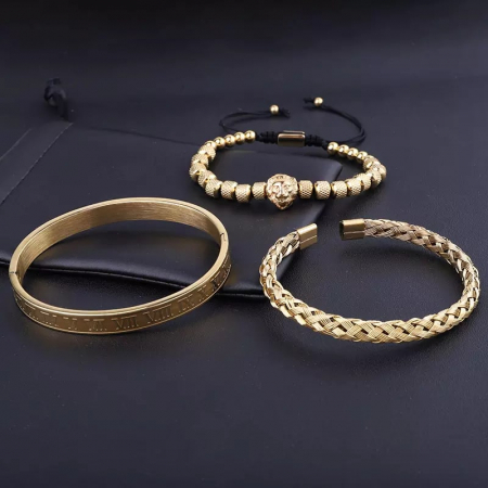 Set de trei bratari luxury din otel inoxidabil, model cu cap de leu si cifre romane, placat cu aur 24K, marime reglabila, Tessero, auriu [2]