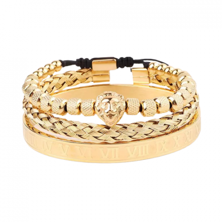 Bijuterii barbati - Set de trei bratari luxury din otel inoxidabil, model cu cap de leu si cifre romane, placat cu aur 24K, marime reglabila, Tessero, auriu