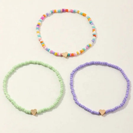 Bijuterii dama - Set de trei bratari pentru picior / glezna, model cu margele si charm in forma de inimioara, elastica, Tessero, multicolor