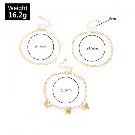 Set de trei bratari pentru picior, model cu fluture, placat cu aur 18K, 21.5 cm+6 cm, auriu [1]
