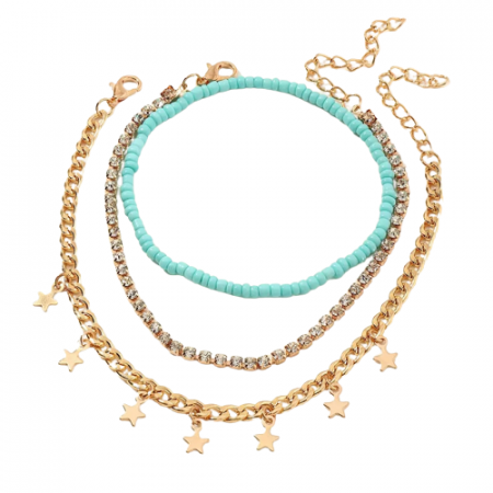 Bijuterii dama - Set de trei bratari pentru picior, model cu stelute, pietre zirconiu, placat cu aur 18K, 22 cm+5 cm, marime reglabila, auriu si turcoaz