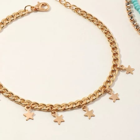 Set de trei bratari pentru picior, model cu stelute, pietre zirconiu, placat cu aur 18K, 22 cm+5 cm, marime reglabila, auriu si turcoaz [2]