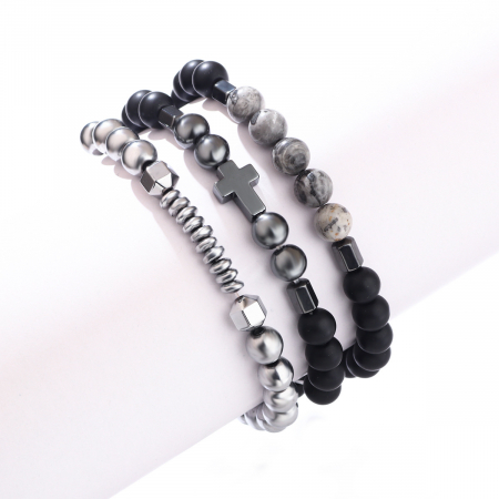 Set de trei bratari pietre narturale semipretioase, model cu cruce, elastica, Tessero, argintiu si negru [2]