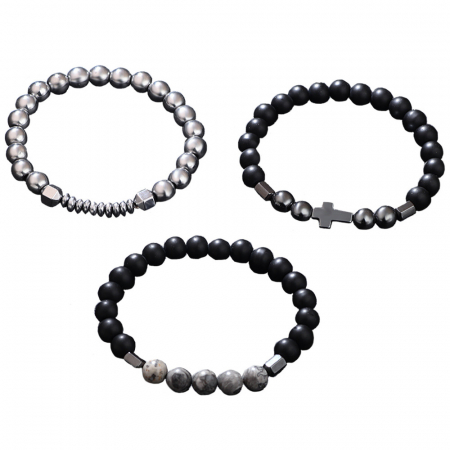 Set de trei bratari pietre narturale semipretioase, model cu cruce, elastica, Tessero, argintiu si negru [3]