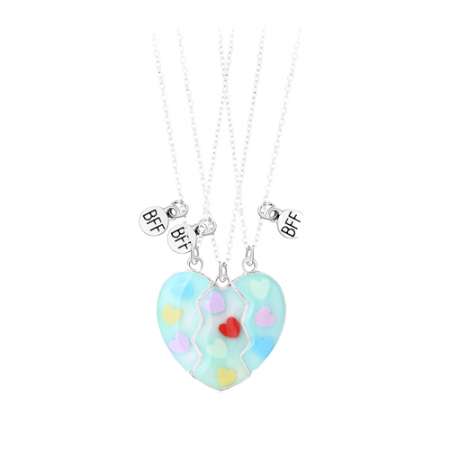 Bijuterii dama - Set de trei lantisoare cu magnet pentru prieteni, BFF, model cu inimioare si charm-uri cu best friends forever, argintiu