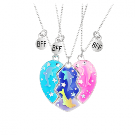 Set de trei lantisoare cu magnet pentru prieteni, BFF, model in forma de inima cu delfini si charm cu best friends forever, unisex, argintiu [3]