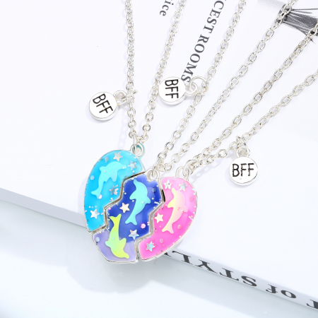 Set de trei lantisoare cu magnet pentru prieteni, BFF, model in forma de inima cu delfini si charm cu best friends forever, unisex, argintiu [2]