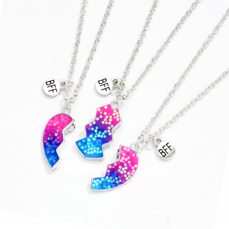 Set de trei lantisoare cu magnet pentru prieteni, BFF, model in forma de inima si charm cu best friends forever, unisex, argintiu [1]