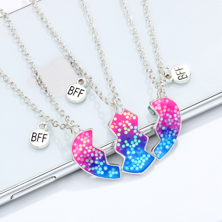 Set de trei lantisoare cu magnet pentru prieteni, BFF, model in forma de inima si charm cu best friends forever, unisex, argintiu [3]