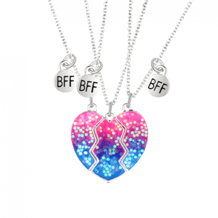 Bijuterii dama - Set de trei lantisoare cu magnet pentru prieteni, BFF, model in forma de inima si charm cu best friends forever, unisex, argintiu