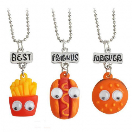 Set de trei lantisoare haioase pentru prieteni, BFF, model in forma de produse fast-food, hamburger, hotdog, charm-uri cu best friends forever, placat cu argint, Tessero, argintiu [1]