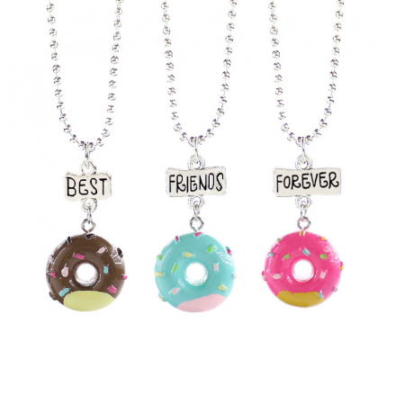 Bijuterii dama - Set de trei lantisoare pentru prieteni, BFF, model in forma de gogoasa si charm-uri cu best friends forever, argintiu