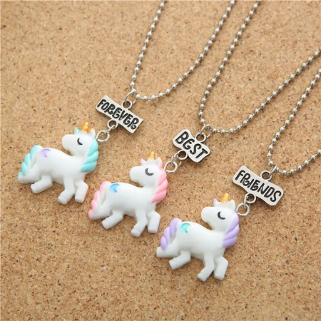 Set de trei lantisoare pentru prieteni, BFF, model in forma de unicorni si charm-uri cu best friends forever, placat cu argint, Tessero, argintiu [1]