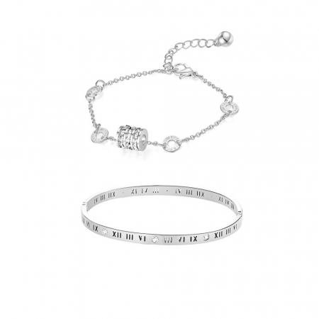 Bijuterii dama - Set doua bratari de dama, bangle fixa cu cifre romane, charm-uri cu pietre zirconiu, otel inoxidabil, placat cu aur 18K, Tessero, argintiu