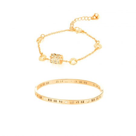 Bijuterii dama - Set doua bratari de dama, bangle fixa cu cifre romane, charm-uri cu pietre zirconiu, otel inoxidabil, placat cu aur 18K, Tessero, auriu