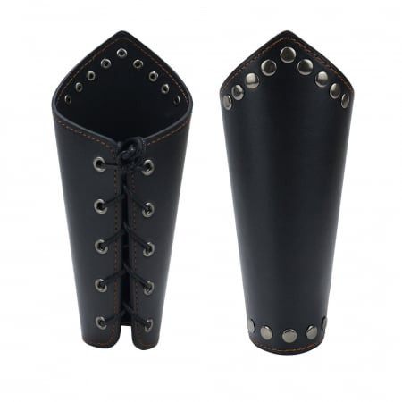 Bijuterii barbati - Set doua bratari pentru antebrat din piele cu sireturi pentru reglare, tip corset, model cu capse, Tessero, negru