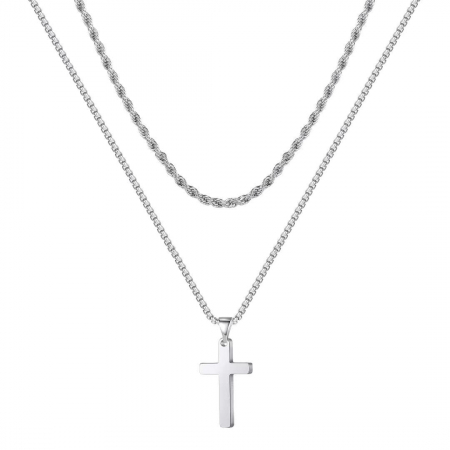 Bijuterii barbati - Set doua lantisoare model Rope Chain si design cubic cu pandantiv in forma de cruce, otel inoxidabil, Tessero, argintiu