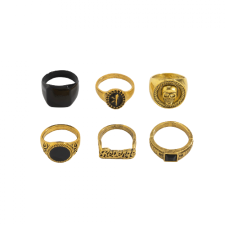 Bijuterii barbati - Set format din 6 inele diferite modele Punk tip ghiul, unisex, cap de mort, placate cu argint, Tessero, marime universala, auriu