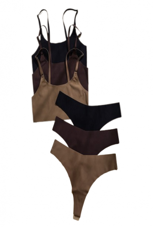 Lenjerie intima dama - Set lenjerie intima chiloti si bustiera, 3 tipuri de culori, 6 piese, fara cusatura, comfortabile, microfibra, barete reglabile, marime L INTL, Tessero, negru, maro inchis, maro deschis