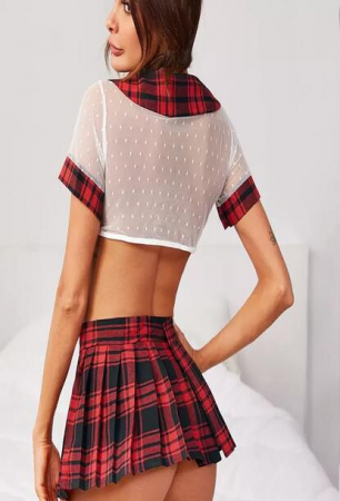 Set Lenjerie sexy de dama, costum erotic de scolarita, fusta scurta si bluza, rosu, Tessero, marime L INTL [1]