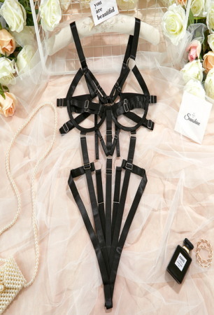 Set lenjerie sexy de dama cu barete multiple si capse metalice, Tessero, negru, marime L INTL [2]