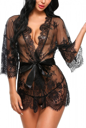 Halate dama - Set Lenjerie sexy de dama cu chilot, camasa de noapte, dantela, Tessero, marime M INTL, negru