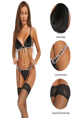 Set lenjerie sexy de dama cu dantela, 3 piese, sutien, chilot tanga si ciorapi cu portjartiera marime universala, negru [1]