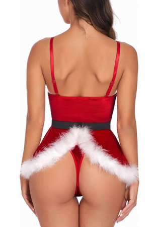Set lenjerie sexy de dama cu tematica de Craciun, fusta scurta decupata, model catifelat si cu bordura alba, Tessero, rosie, marime S INTL [1]