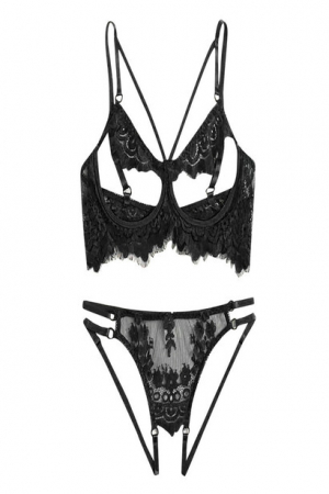 Set lenjerie sexy de dama format din 2 piese, chilot tanga, sutien cu model decupat, negru, Tessero, marime L INTL [1]