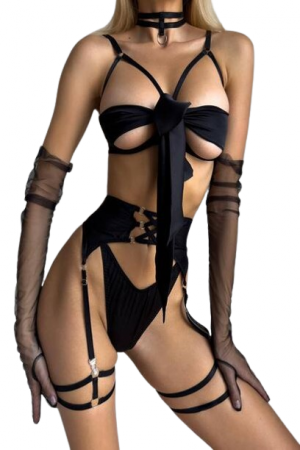 Lenjerie sexy - Set lenjerie sexy de dama format din 5 piese, chilot tanga, sutien, choker, portjartier, manusi lungi, negru, model cu funda, Tessero, marime S INTL
