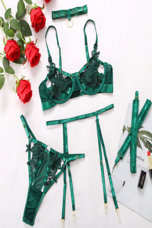 Set lenjerie sexy de dama, format din sutien cu model, chiloti tanga, portjartier si chocker, Tessero, marimea M INTL, verde [3]