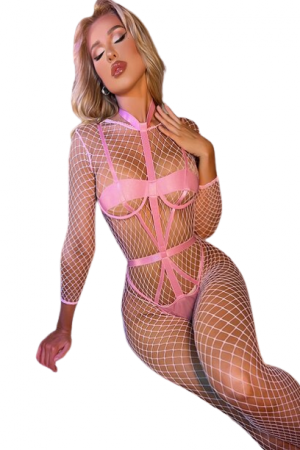 Lenjerie sexy - Set lenjerie sexy de dama model tip costum erotic format din chilot tanga, sutien, plasa bodystocking, chocker, culoare roz, Tesseo, marime L INTL
