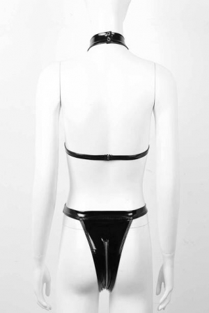 Lenjerie sexy - Set lenjerie sexy tip body, chilot si sutien, model cu fermoar, imitatie piele, marime M INTL