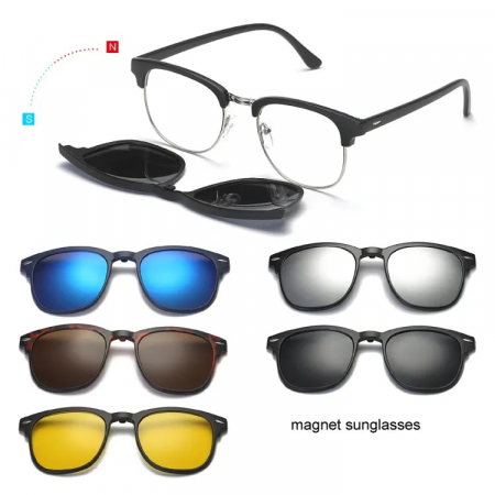 Set ochelari de soare cu prindere magnet, 5 tipuri de lentila, diferite culori, polaroid, UV400, unisex, model tip Wayfarer, Tessero, negru [3]