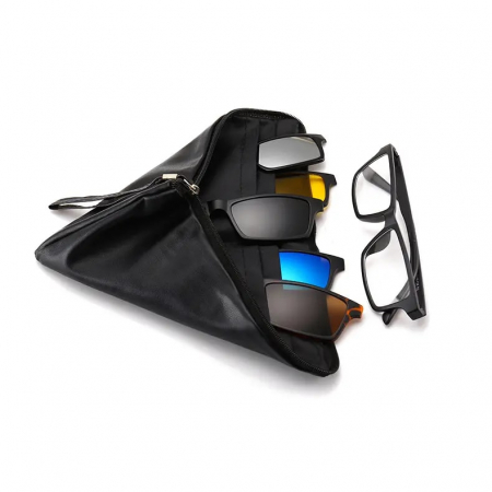 Set ochelari de soare cu prindere magnet, 5 tipuri de lentila, diferite culori, polaroid, UV400, unisex, model tip Wayfarer, Tessero, negru [2]
