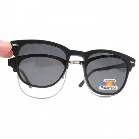 Ochelari de soare barbati - Set ochelari de soare cu prindere magnet, 5 tipuri de lentila, diferite culori, polaroid, UV400, unisex, model tip Wayfarer, Tessero, negru
