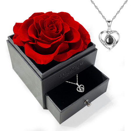 Aranjamente florale - Set trandafir din sapun si lantisor cu pandantiv in forma de inima cu proiectie Te iubesc in 100 de limbi, placat cu aur 18K, cutie depozitare cu sertar pentru bijuterii, punguta, Tessero