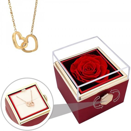 Aranjamente florale - Set trandafir din sapun si lantisor cu pandantiv in forma de inimioare duble, placat cu aur 18K, cutie depozitare cu sertar rotativ pentru bijuterii, punguta, Tessero